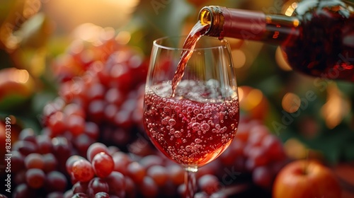 Wine being poured into a glass with grapes and other fruits in the background, alluding to a harvest