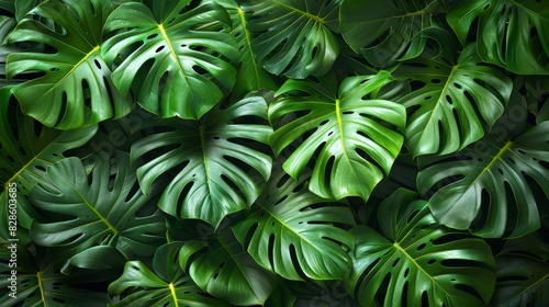 A dense collection of monstera leaves creating a beautiful green pattern covering the entire frame