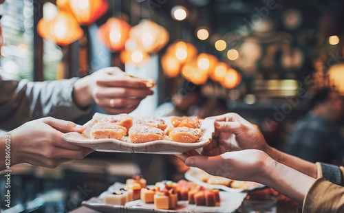 People sharing sushi rolls and desserts in a dimly-lit Japanese restaurant. Social dining, culinary experience, cultural cuisine, gathering, friendship, togetherness concept