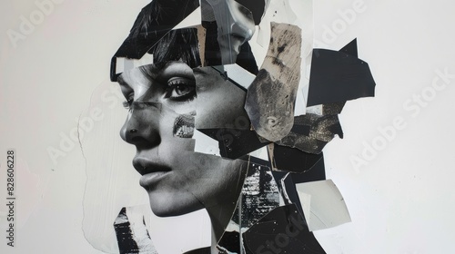 Collage of woman's portrait with a lot of pieces and fragments around her head. Blask and white, Abstrart, creative art, close up