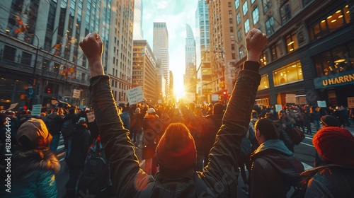 In a symbolic act of unity or protest, a person raises hands against a backdrop of a cityscape at sunset, amidst a crowd with placards
