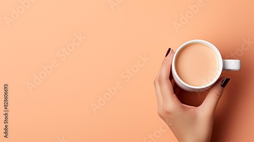 A hand holding a white coffee cup against a pastel peach background, showcasing minimalistic and warm beverage art.