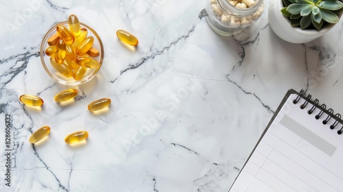 A stylish flat lay of daily vitamins and a planner generated by AI