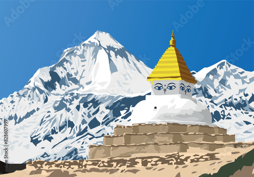 Mount Dhaulagiri peak and buddhist stupa or chorten, Buddhism in Nepal himalayas mountains