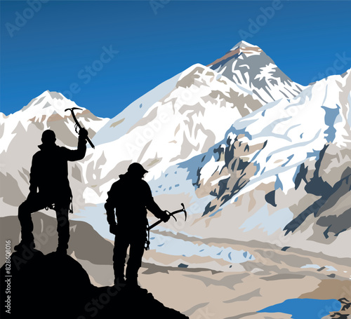 mounts Everest and Nuptse from Nepal side as seen from Kala Patthar peak with black silhouette of two climbers with ice axe in hand, vector illustration, Nepal Himalaya mountain