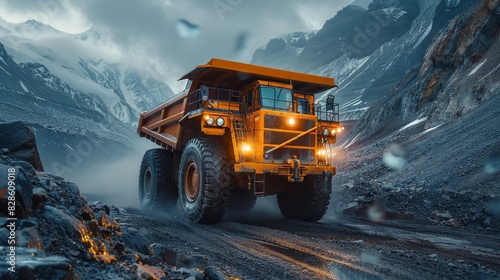 A large mining truck is showcased driving on a dirt road within a quarry with dramatic lighting