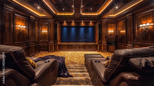 Luxurious home theater with leather seats wood paneling and soft lighting