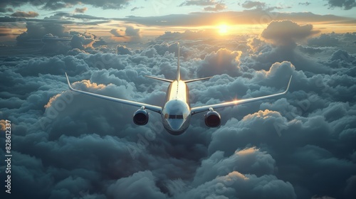 A white passenger airplane soaring above fluffy clouds, representing the excitement and adventure of traveling by air transport to far-off places.