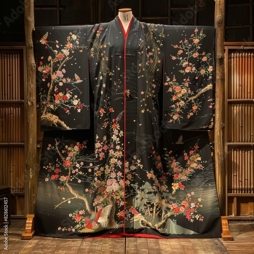 A kimono with a pattern of cherry blossoms and birds
