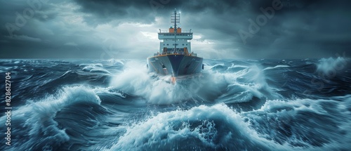 A ship battles rough seas and stormy weather.