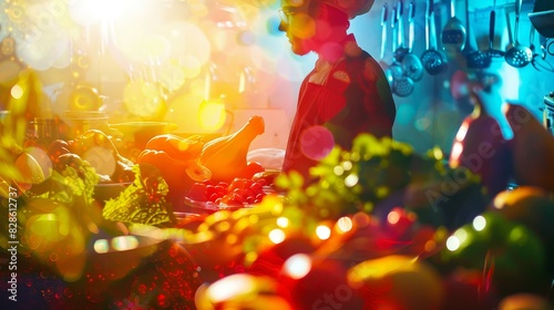 Immerse in a sensory delight with fresh fruits and vegetables showcased on a table. Vibrant colors and a double exposure silhouette of a chef add a culinary touch. Perfect for food blogs!