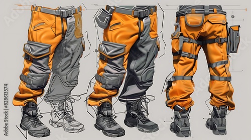 Illustrate functional cargo pants with multiple pockets, zippers, and reinforced seams.