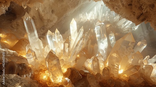 Sunlight illuminating a cavern filled with large gleaming quartz crystals
