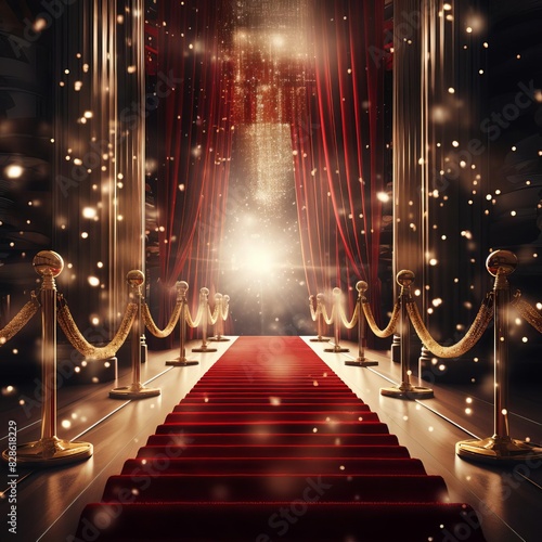 A red carpet leads to a shimmering stage, with gold stanchions and a spotlight. Perfect for award ceremonies or glamorous events.