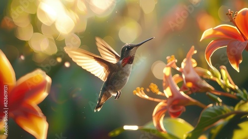 A close-up of a hummingbird hovering in front of a vibrant flower, its iridescent feathers shimmering in the light. 8k, full ultra HD, high resolution, cinematic photography
