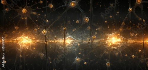 Abstract background with glowing orbs and lines.