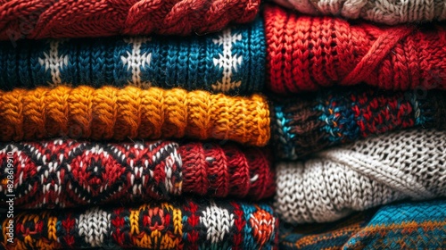 Colorful Knitted Sweaters Stacked in Cozy Pile