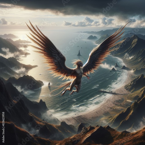 A detailed image of a Harpy, a winged spirit, flying over a desolate coastline