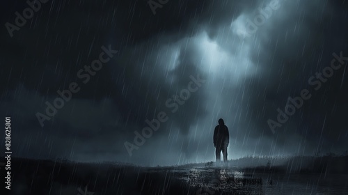 A man stands alone in the rain, looking up at the sky. Scene is somber and lonely