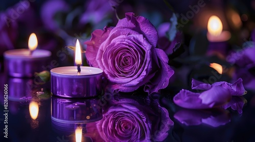 Attributes related to funerals purple roses and lit candle placed on dark mirrored background with room for writing