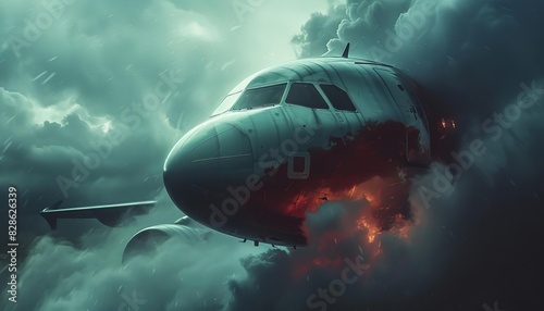 Dramatic scene of an airplane engulfed in flames and smoke mid-flight against dark, stormy clouds. High-risk aviation incident.