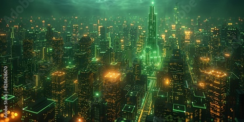City view with matrix concept and digital connections. Virtual connectivity of the city. Financial district skyline with matrix sky background in green. High quality photo