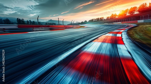Long exposure on an empty racing track creates vibrant motion-blurred lines on tarmac at dawn or dusk