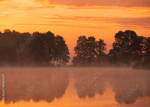 Wiosenny, mglisty poranek nad stawem, wschód słońca.