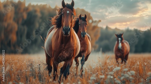 Beautiful horses running through a field -