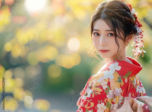 Portrait of a Geisha Wearing Traditional Kimono in Japan