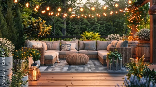 Bohemian outdoor patio with rattan furniture, string lights, and potted plants