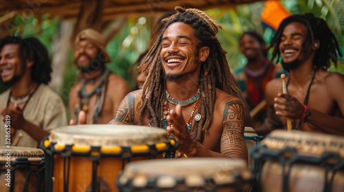 Exuberant drummer laughing in traditional attire during a joyous cultural celebration with motion blur