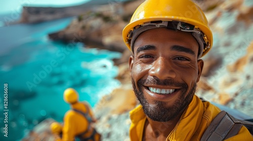 Cheerful young construction worker taking a selfie with ocean background