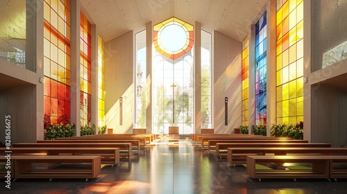 Contemporary church with minimalist design and stained glass windows