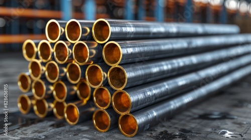 Close-up of round-ended metal pipes stacked together at an industrial warehouse