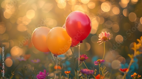 balloons in the air, flowers around, beautiful sunlight, cinematic with a shallow depth of field, bokeh effect, a happy and joyful mood, colorful, bright, vibrant, nature background.
