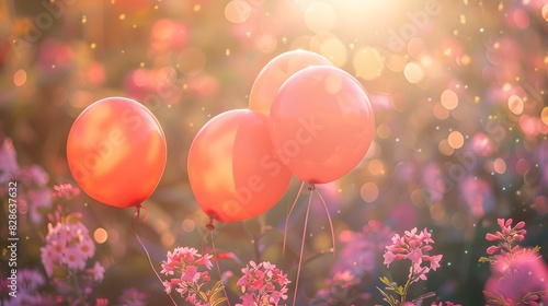 balloons in the air, flowers around, beautiful sunlight, cinematic with a shallow depth of field, bokeh effect, a happy and joyful mood, colorful, bright, vibrant, nature background.