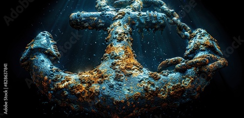 An ancient anchor sunken at the bottom of the sea with a rusty surface