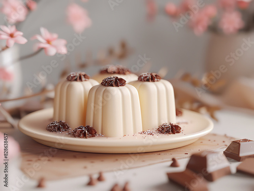 A beautiful image of a plate of panna cotta with chocolate shavings and anise stars. Generative ai.