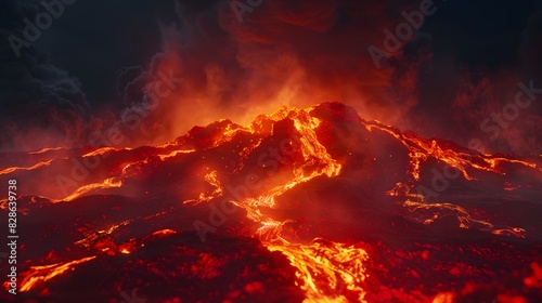 A dramatic, fiery eruption of a volcano with molten lava flowing down the mountainside.