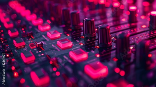 A closeup of the audio console, with vibrant pink and red lights reflecting off its surface.