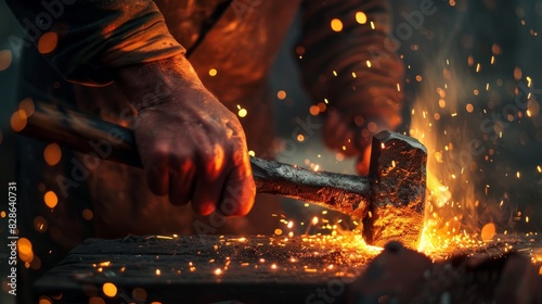 Blacksmith hammering red-hot metal on an anvil, creating sparks in a traditional forge setting.