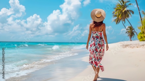 Casual Summer Fashion Elegance: Woman Strolling on a Sunlit Beach in a Floral Maxi Dress and Sun Hat
