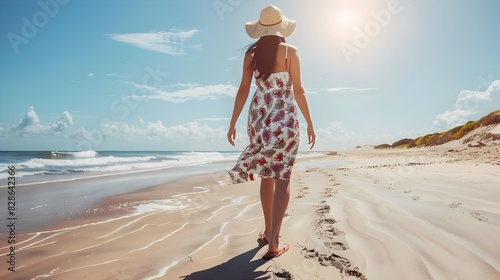Casual Summer Style: Woman Strolls Beach in Floral Maxi Dress and Sun Hat