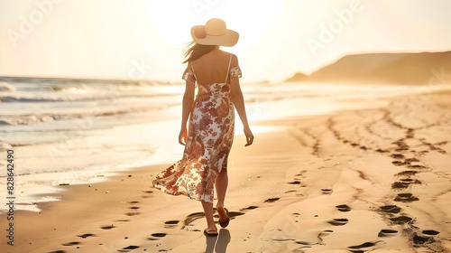 Casual Summer Style: Woman Strolling on a Sunny Beach in Floral Maxi Dress and Sun Hat