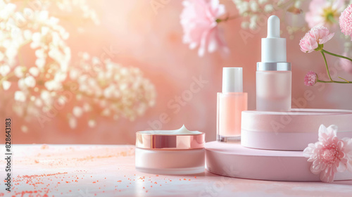 Background features separate cosmetic cream and serum, ideal for skincare advertisements. This refreshing image emphasizes the importance of hydration and beauty, enhanced by AI generative.