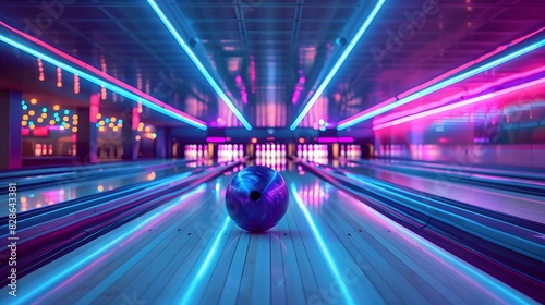 A neonlit bowling alley with vibrant blue and pink lights, creating an energetic atmosphere for the event.