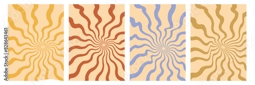 Groovy poster y2k retro background swirl set for print design. Spiral vector illustration. Psychedelic print. Vintage background.
