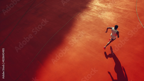 Aerial view of male athlete running on red arena track.