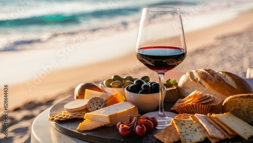 A glass of a wine and cheese platter on the beach, AI
